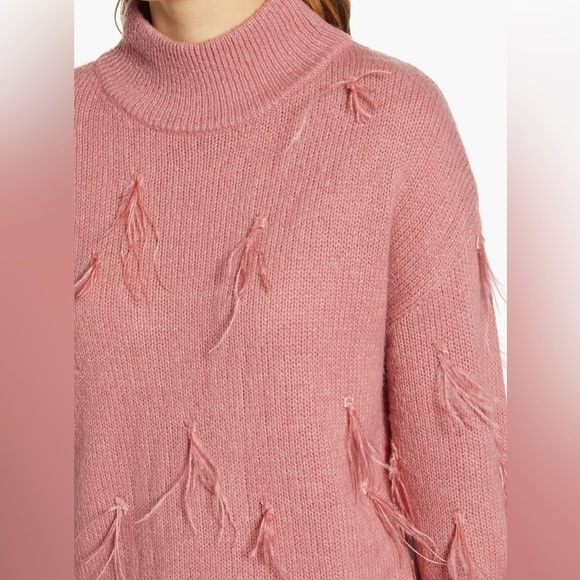 Rachel Parcell Ostrich Feather Trimmed Mock Neck Sweater, blush pink, size M - Picture 3 of 12